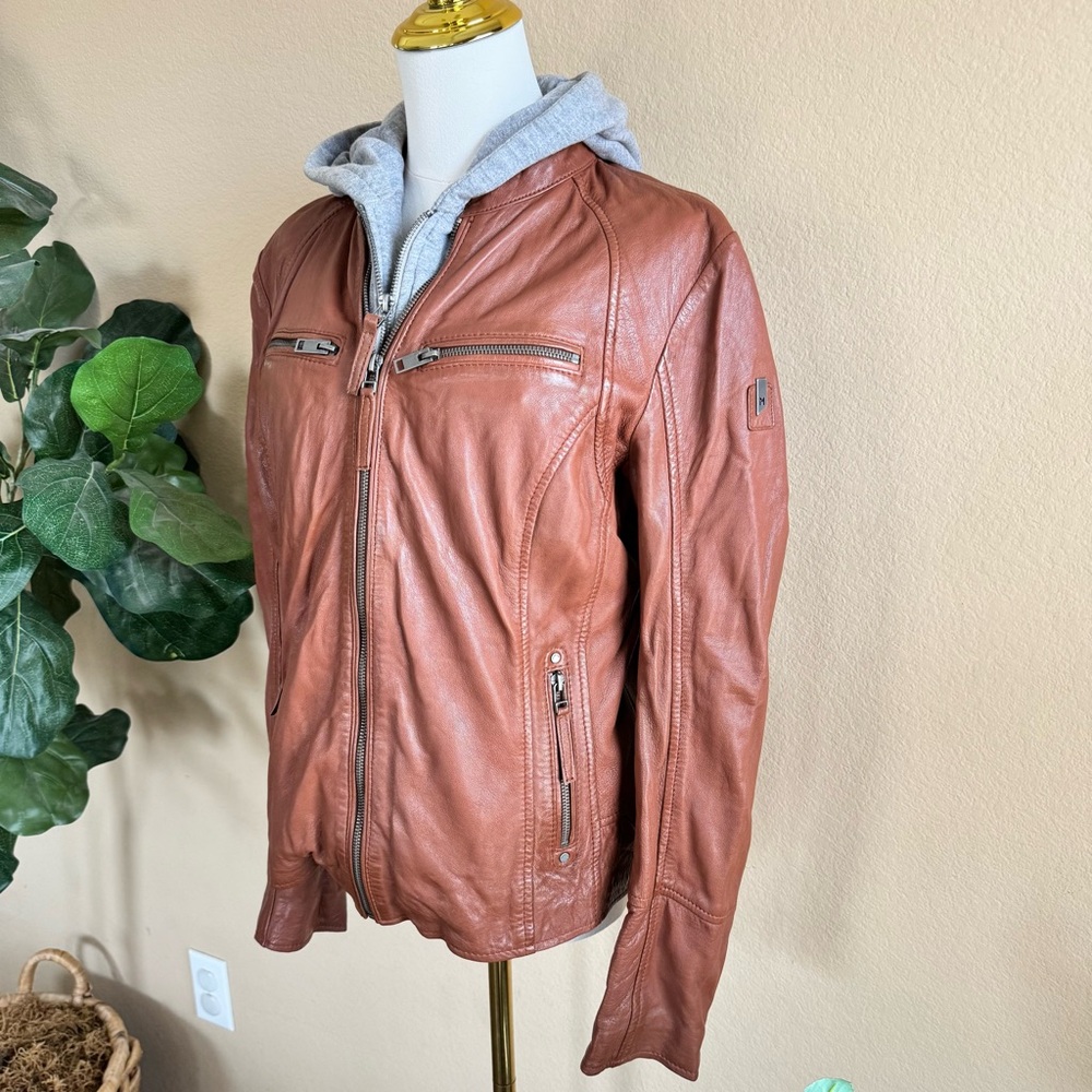 Mauritius Cognac Lamb Leather Moto Jacket Women’s XL Removable Gray Hood - Picture 4 of 16